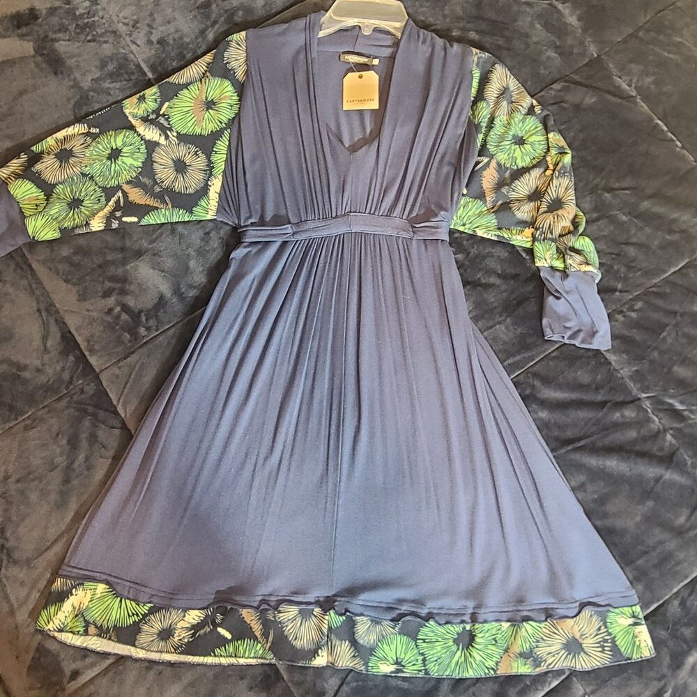 Earthbound Trading Co Boho Peasant Blue Floral Dress Belted Waist Stretch